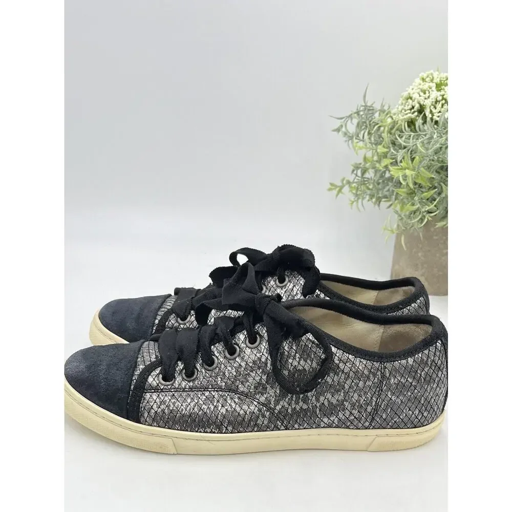 Lanvin Paris Black Pewter Calf Hair Leather Ribbon Lace Up Low-Top Sneakers Sz 7